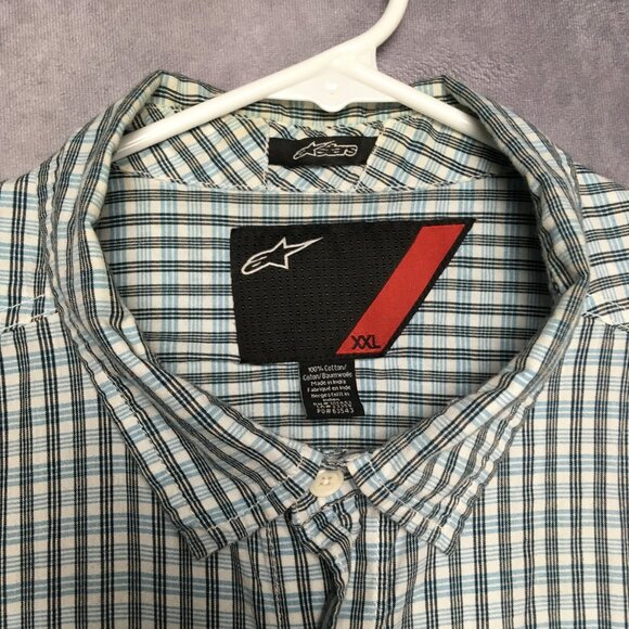 Alpinestars Mens Plaid Shirt size XXL Short Sleeve Button Up Pocket White Blue - Picture 3 of 16